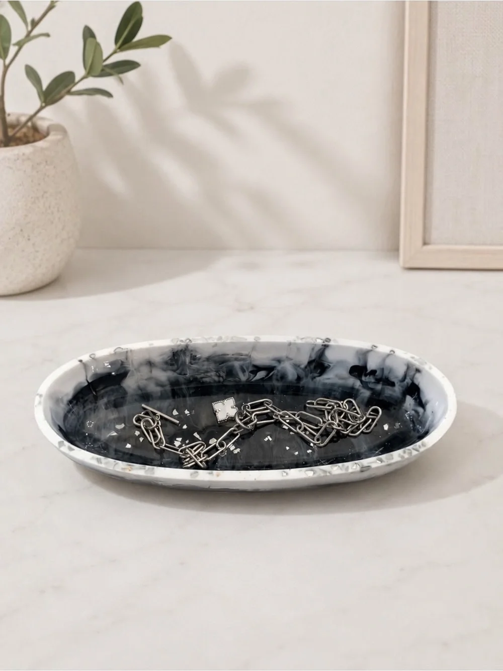 Black Marbled Oval Ceramic Soap Dish - Home Bath Vanity Tray